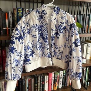 Anthropologie Blue and White Floral Bomber Jacket